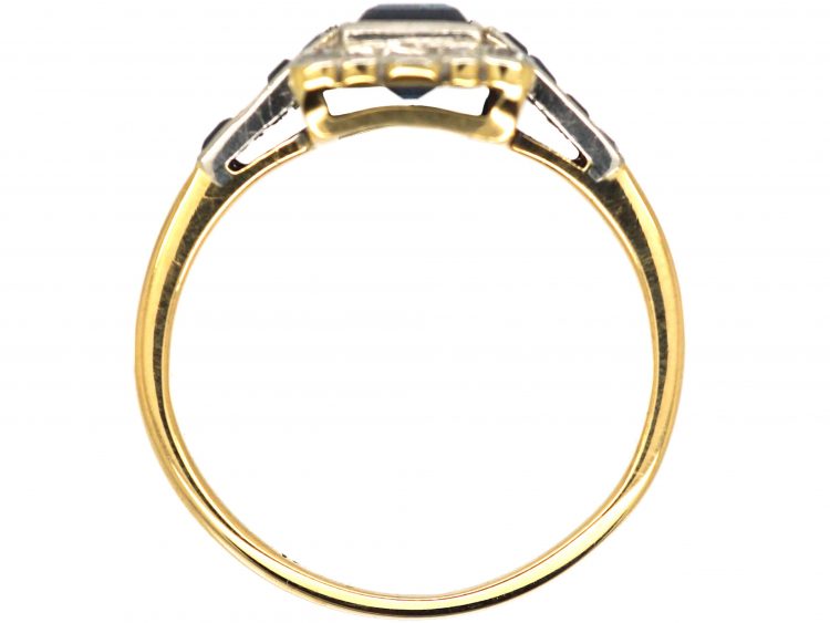 Art Deco 18ct Gold, Sapphire & Diamond Square Ring with Sapphire Shoulders