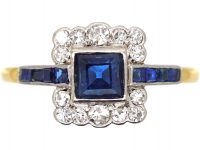 Art Deco 18ct Gold, Sapphire & Diamond Square Ring with Sapphire Shoulders