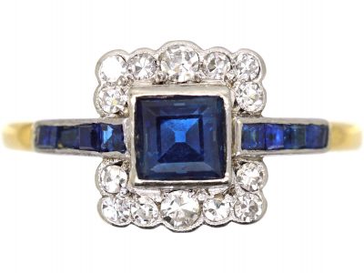 Art Deco 18ct Gold, Sapphire & Diamond Square Ring with Sapphire Shoulders
