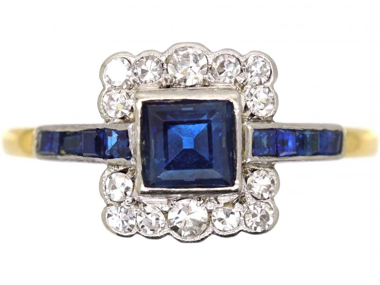 Art Deco 18ct Gold, Sapphire & Diamond Square Ring with Sapphire Shoulders