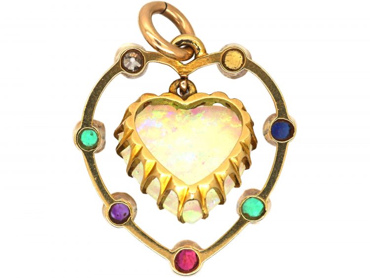 Edwardian 15ct Gold Opal Heart Pendant With Gemstones that Spell Dearest