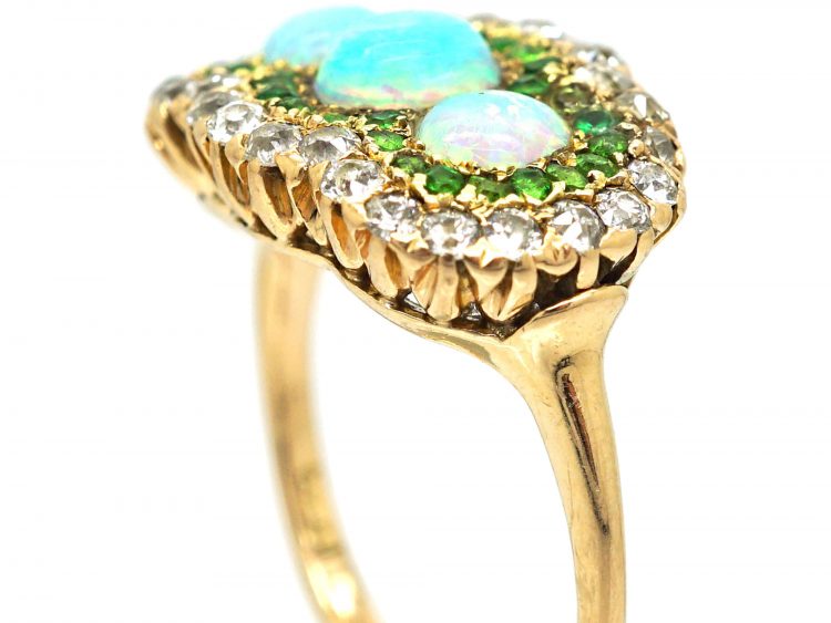 Early 20th Century 14ct Gold, Three Stone Opal Surrounded by Green Garnets & Diamonds Ring
