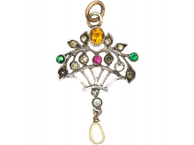 Edwardian Silver & Paste Giardinetti Pendant with Pearl Drop