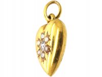 Edwardian 15ct Gold Heart Pendant set with a Diamond & Natural Split Pearls