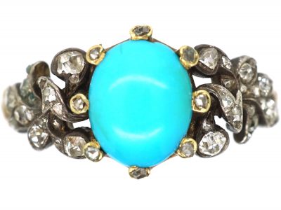 Early Victorian 15ct Gold & Turquoise Ring set with Old Mine Cut & Rose Diamonds