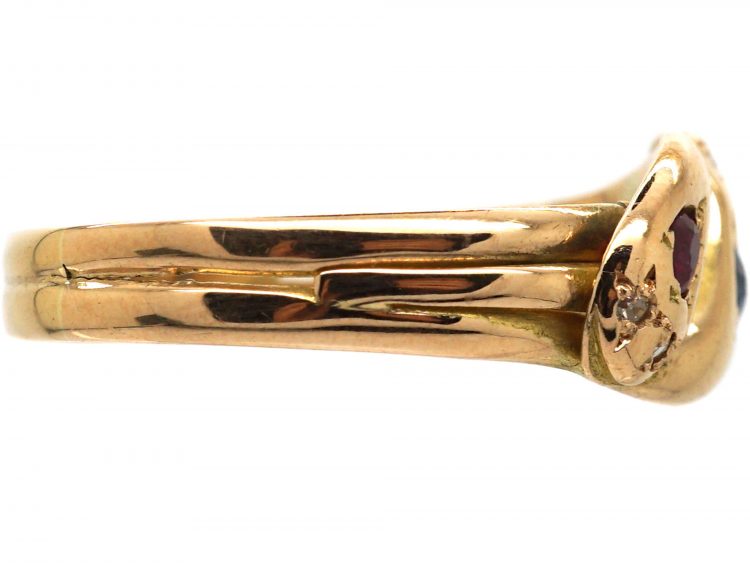 Victorian 15ct Gold Double Snake Ring set with a Ruby & Sapphire With Rose Diamond Eyes