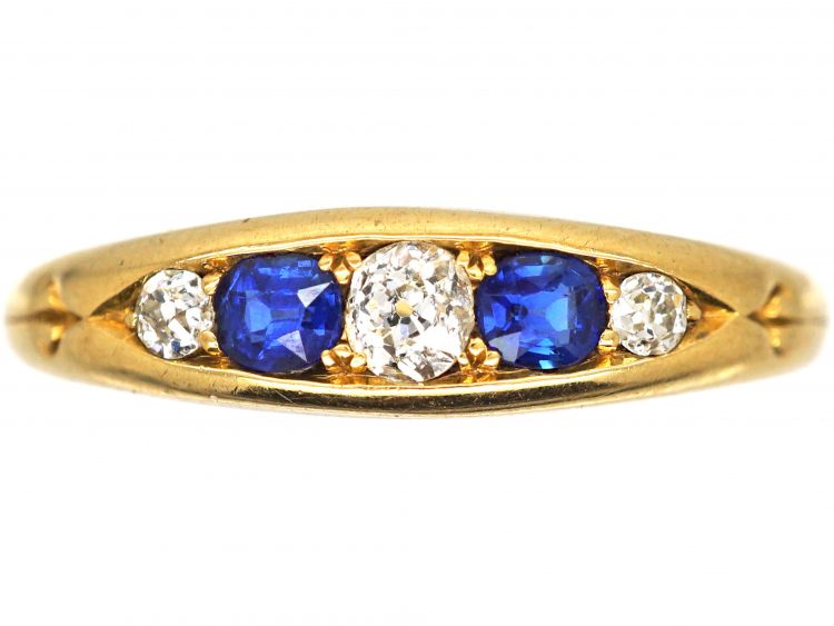 Victorian 18ct Gold Boat Shaped Ring set with Sapphires & Diamonds