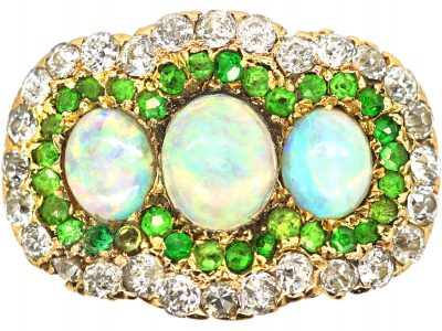 Early 20th Century 14ct Gold, Three Stone Opal Surrounded by Green Garnets & Diamonds Ring