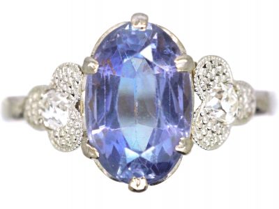 Art Deco 18ct White Gold Sapphire Ring with Diamond set Trefoil Shoulders