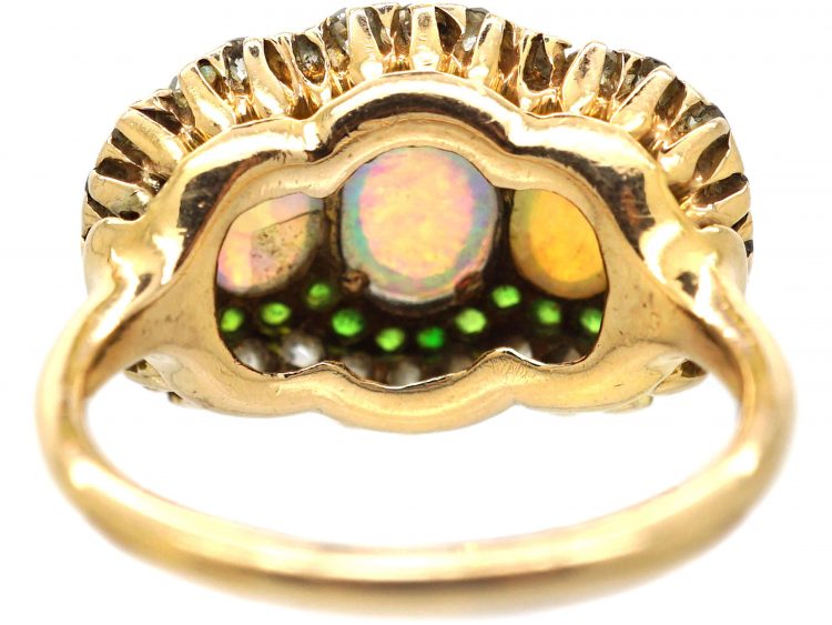 Early 20th Century 14ct Gold, Three Stone Opal Surrounded by Green Garnets & Diamonds Ring