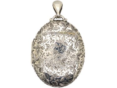 Victorian Silver Oval Locket with Engraved Ivy Leaf Detail