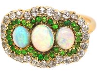 Early 20th Century 14ct Gold, Three Stone Opal Surrounded by Green Garnets & Diamonds Ring