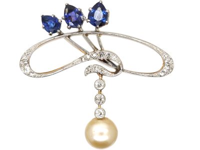 Art Nouveau 18ct Gold Brooch set with Diamonds & Three Sapphires
