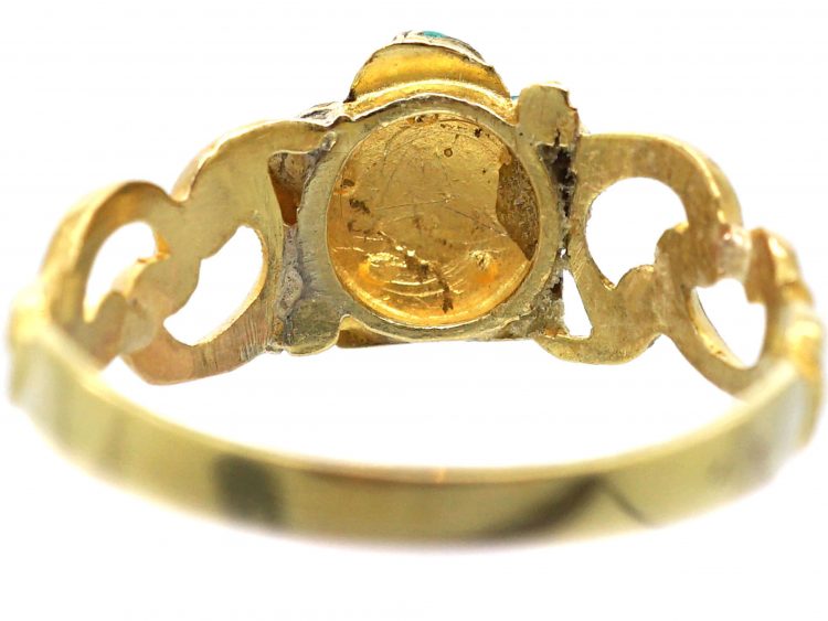 Regency 15ct Gold, Turquoise & Natural Split Pearl Forget Me Not Ring