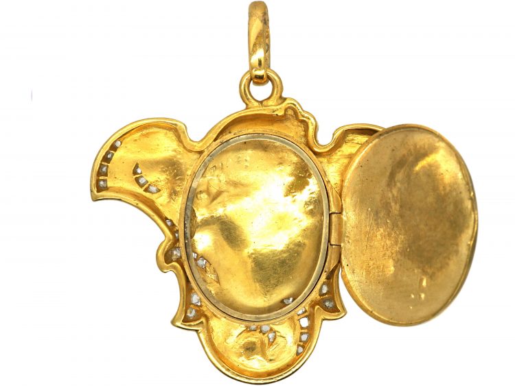 Art Nouveau 18ct Gold & Rose Diamond pendant of a Lady with Locket on Reverse