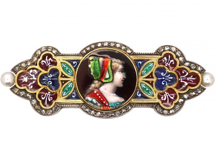 19th Century 18ct Gold, Limoges Enamel Brooch of a Lady's Head set with Rose Diamonds & Natural Pearls