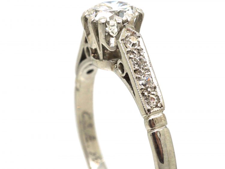 Retro Platinum, Diamond Solitaire Ring with Diamond set Shoulders