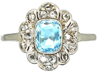 Early 20th Century 14ct White Gold, Aquamarine & Rose Diamond Cluster Ring