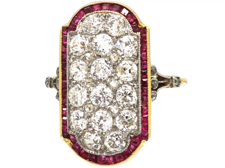 Art Deco 18ct Gold & Platinum, Ruby & Diamond Plaque Ring