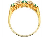 Victorian 18ct Gold, Five Stone Emerald & Diamond Carved Half Hoop Ring