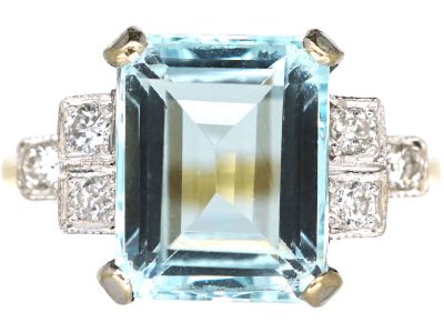 18ct Gold, Rectangular Cut Aquamarine & Diamond Ring