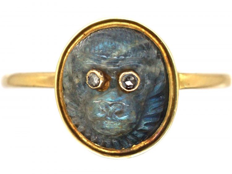 Victorian 15ct Gold & Carved Labradorite Ring of a Monkey