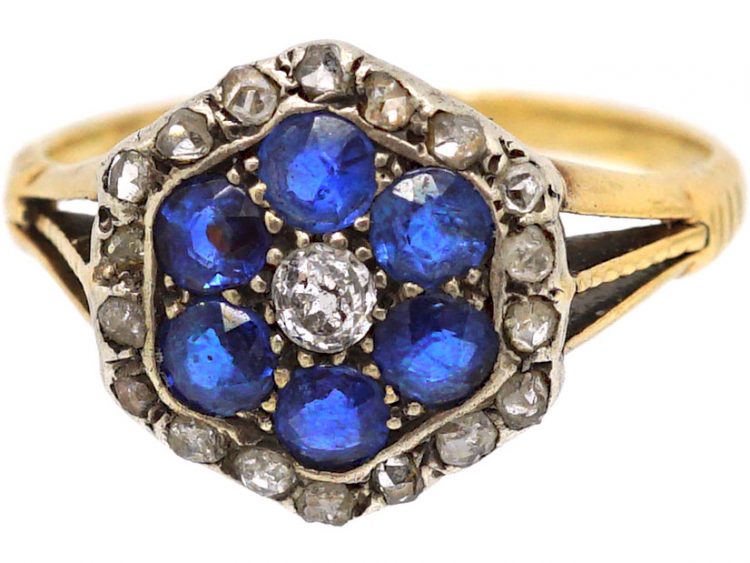 Edwardian 18ct Gold, Sapphire & Diamond Hexagonal Cluster Ring