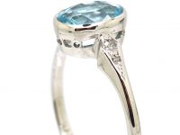 Art Deco Platinum Aquamarine Ring with Diamond Set Shoulders