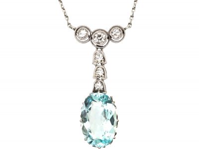 Art Deco Platinum, Aquamarine & Diamond Pendant on Platinum Chain