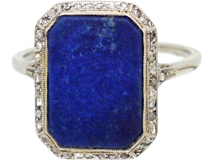 Art Deco Platinum, Lapis Lazuli & Rose Diamond Ring