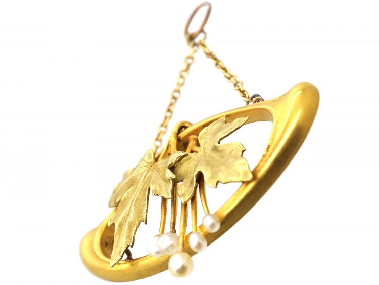 Art Nouveau 15ct Two Colour Gold Pendant with Leaf & Natural Pearl Motif