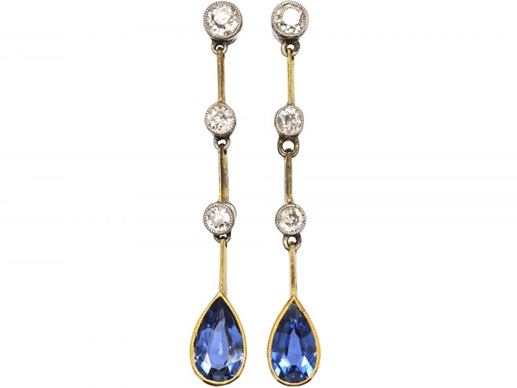 Edwardian 15ct Gold, Diamond & Sapphire Drop Earrings