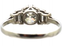 Art Deco Platinum, Diamond Solitaire Ring with Stepped Shoulders set with Baguette Diamonds