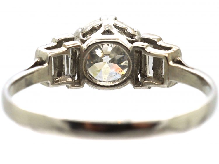 Art Deco Platinum, Diamond Solitaire Ring with Stepped Shoulders set with Baguette Diamonds