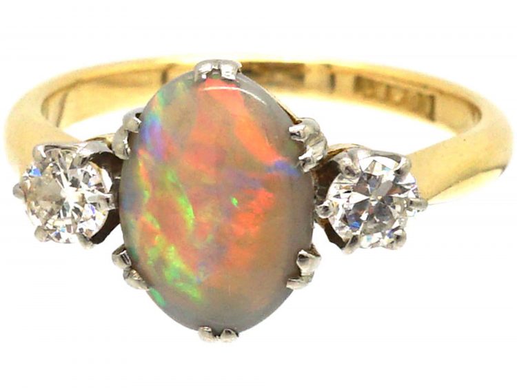 Edwardian 18ct Gold, Opal & Diamond Three Stone Ring