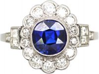 Art Deco 14ct White Gold, Sapphire & Diamond Cluster Ring with Diamond Set Shoulders