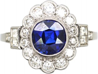 Art Deco 14ct White Gold, Sapphire & Diamond Cluster Ring with Diamond Set Shoulders