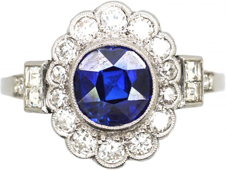 Art Deco 14ct White Gold, Sapphire & Diamond Cluster Ring with Diamond Set Shoulders