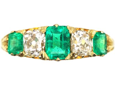 Victorian 18ct Gold, Five Stone Emerald & Diamond Carved Half Hoop Ring