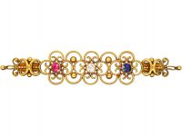Victorian 18ct Gold, Ruby, Diamond & Sapphire Brooch by John Brogden in Original Case