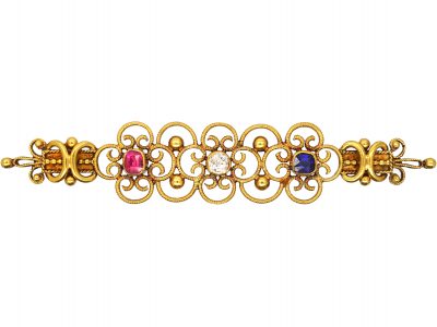 Victorian 18ct Gold, Ruby, Diamond & Sapphire Brooch by John Brogden in Original Case