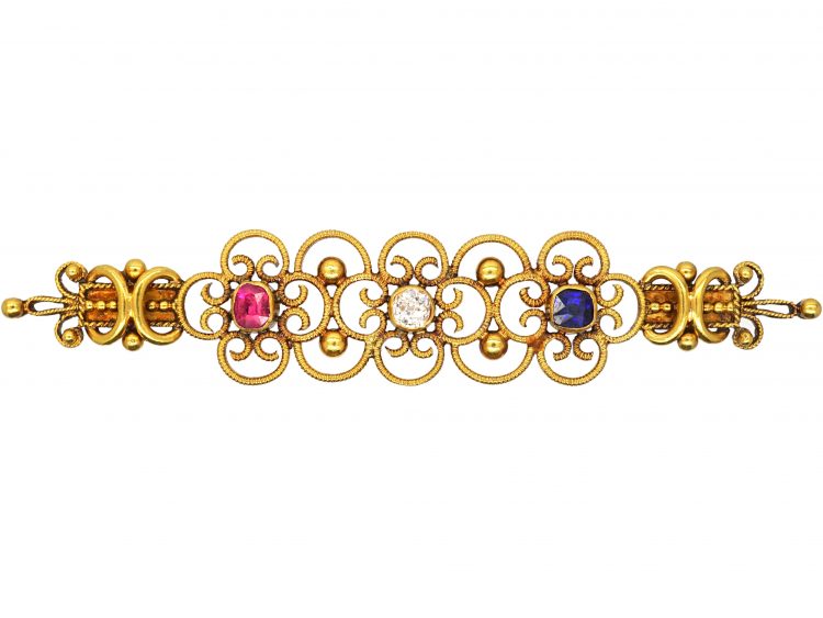 Victorian 18ct Gold, Ruby, Diamond & Sapphire Brooch by John Brogden in Original Case