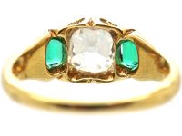 William IV 18ct Gold, Old Mine Cut Diamond & Emerald Three Stone Ring