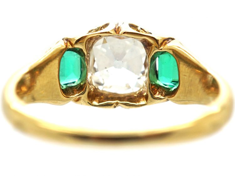 William IV 18ct Gold, Old Mine Cut Diamond & Emerald Three Stone Ring