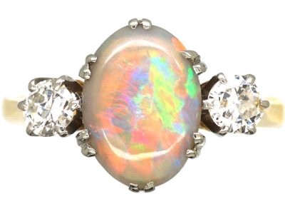 Edwardian 18ct Gold, Opal & Diamond Three Stone Ring