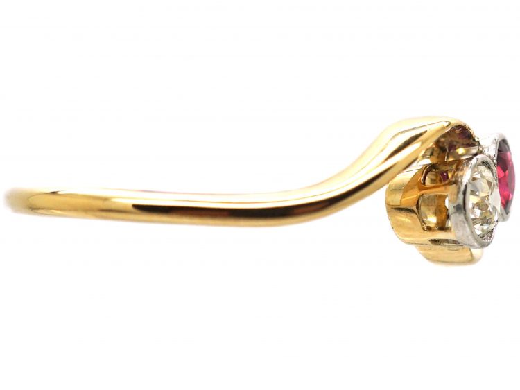 Art Nouveau 18ct Gold, Ruby & Diamond Crossover Ring