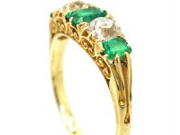 Victorian 18ct Gold, Five Stone Emerald & Diamond Carved Half Hoop Ring
