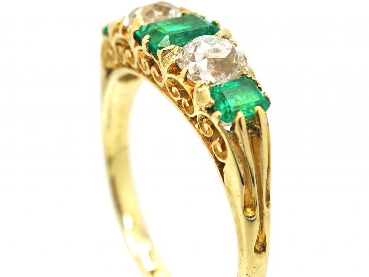 Victorian 18ct Gold, Five Stone Emerald & Diamond Carved Half Hoop Ring