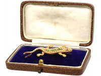 Edwardian 15ct Gold Salamander Brooch set with Green Garnets, Rubies & Natural Split Pearls
