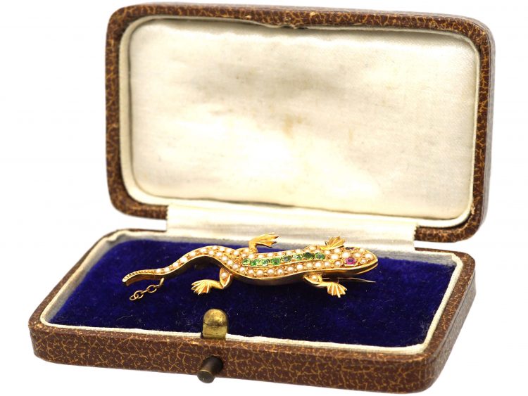 Edwardian 15ct Gold Salamander Brooch set with Green Garnets, Rubies & Natural Split Pearls